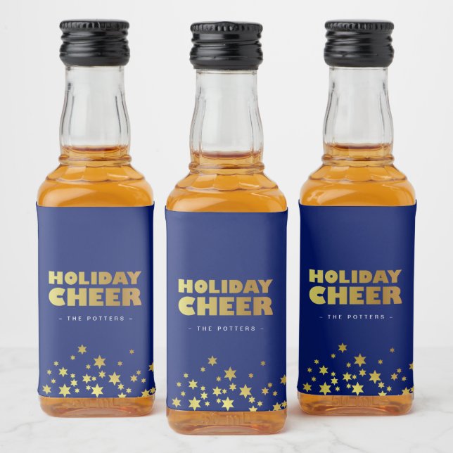 Holiday Cheer | Fun Christmas Blue & Gold Liquor Bottle Label (Bottles)