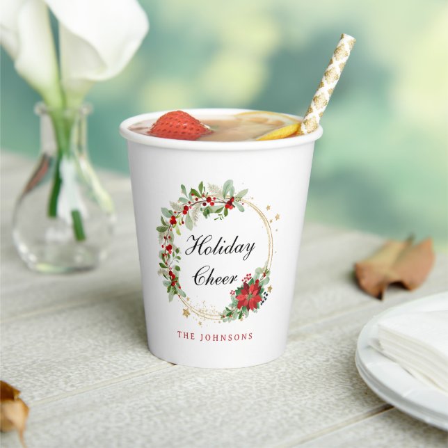 Holiday Cheer Poinsettia Wreath Gold Personalized Paper Cups (Insitu)