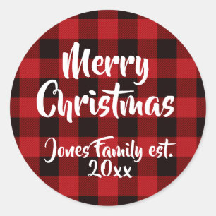 Holiday cheer, red buffalo plaid pattern, classic round sticker