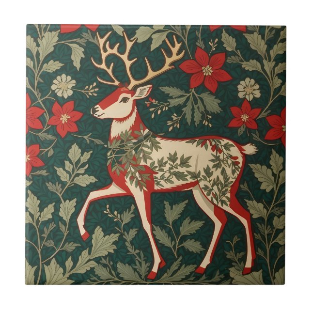 Holiday Cheer Reindeer William Morris Inspired Tile (Front)