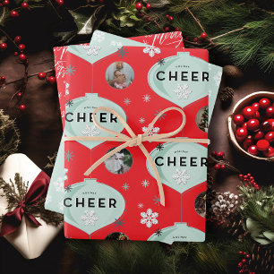 Holiday Cheer Retro Ornament Family Name Christmas Wrapping Paper Sheet