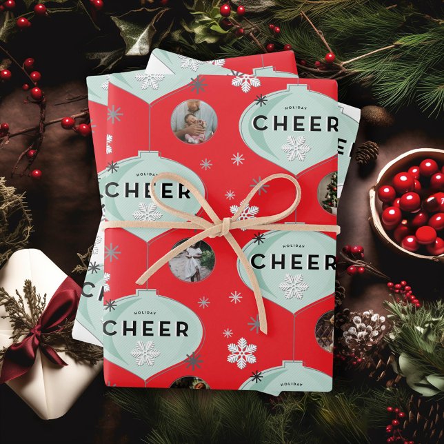 Holiday Cheer Retro Ornaments Christmas Photo Wrapping Paper Sheet (Creator Uploaded)
