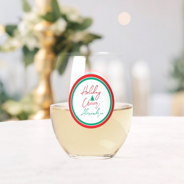 Holiday Cheer Script Christmas Tree Party Favor Stemless Wine Glass (Insitu (Wedding))