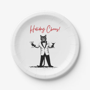 Holiday Cheers! Cat In Tuxedo Offering a Toast Paper Plate