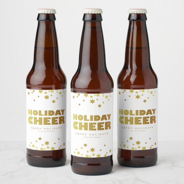 Holiday Cheers | Fun Christmas White & Gold  Beer Bottle Label (Bottles)