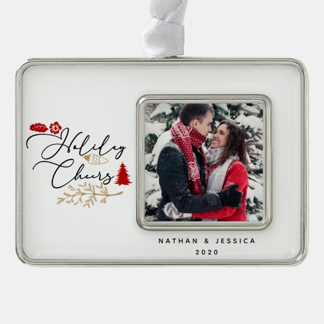 Holiday Cheers Red Holly Photo Framed Ornament (Front)