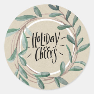 Holiday Cheers Rustic Kraft Botanical Leaf Wreath Classic Round Sticker