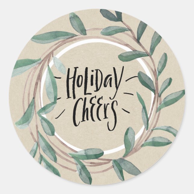 Holiday Cheers Rustic Kraft Botanical Leaf Wreath Classic Round Sticker (Front)