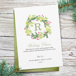 Holiday Cheers Wreath Monogram Holiday Card