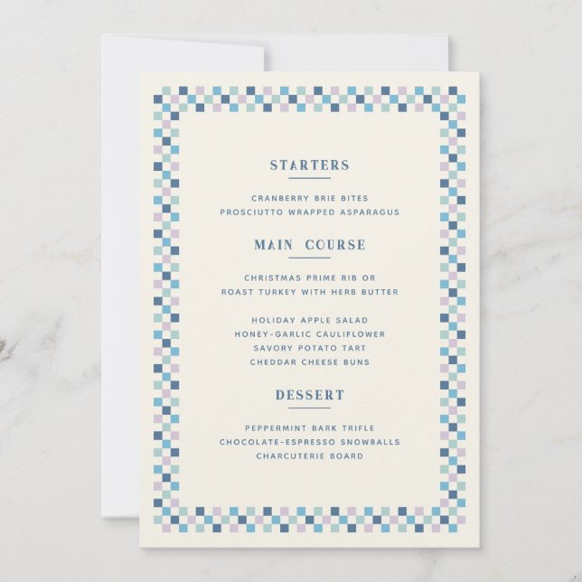 Holiday Chequerboard Christmas Menu Card - Blue (Front)