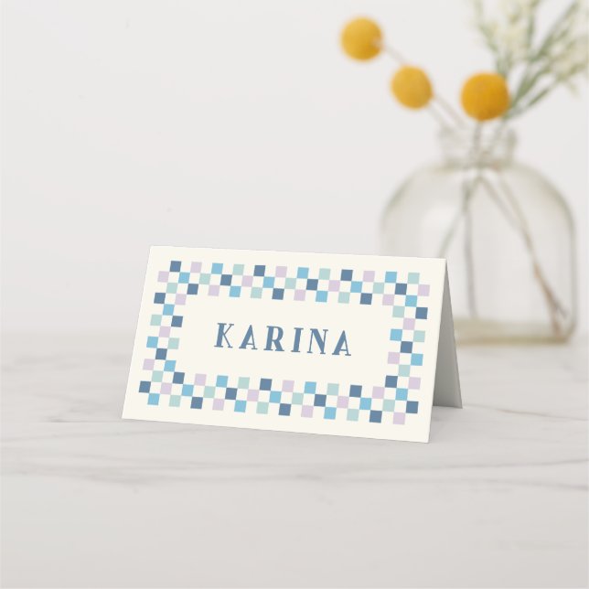 Holiday Chequerboard Christmas Place Card - Blue (Front)