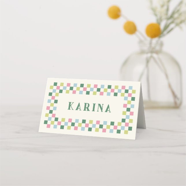 Holiday Chequerboard Christmas Place Card - Green (Front)