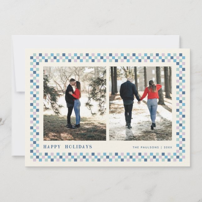 Holiday Chequerboard Holiday Photo Card - Blue (Front)