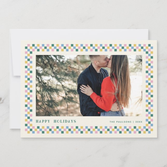Holiday Chequerboard Holiday Photo Card - Teal  (Front)