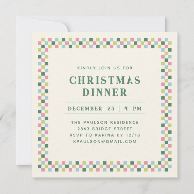 Holiday Chequerboard Party Invitation - Green (Front)