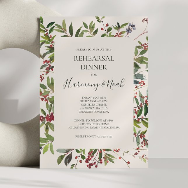 Holiday Chic Botanical Champagne Rehearsal Dinner Invitation (Creator Uploaded)