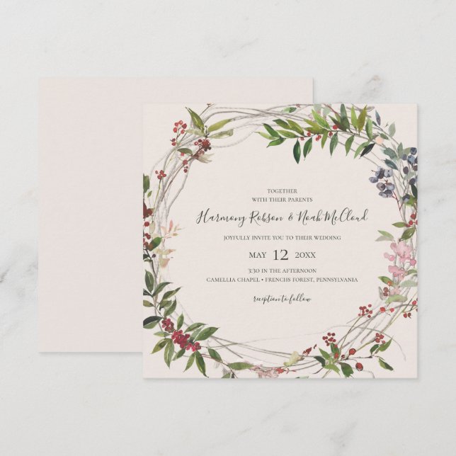 Holiday Chic Botanical | Champagne Square Wedding Invitation (Front/Back)