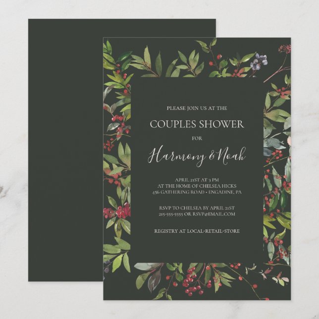 Holiday Chic Botanical | Dark Green Couples Shower Invitation (Front/Back)