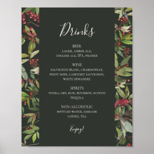 Holiday Chic Botanical Dark Green Drinks Menu Poster