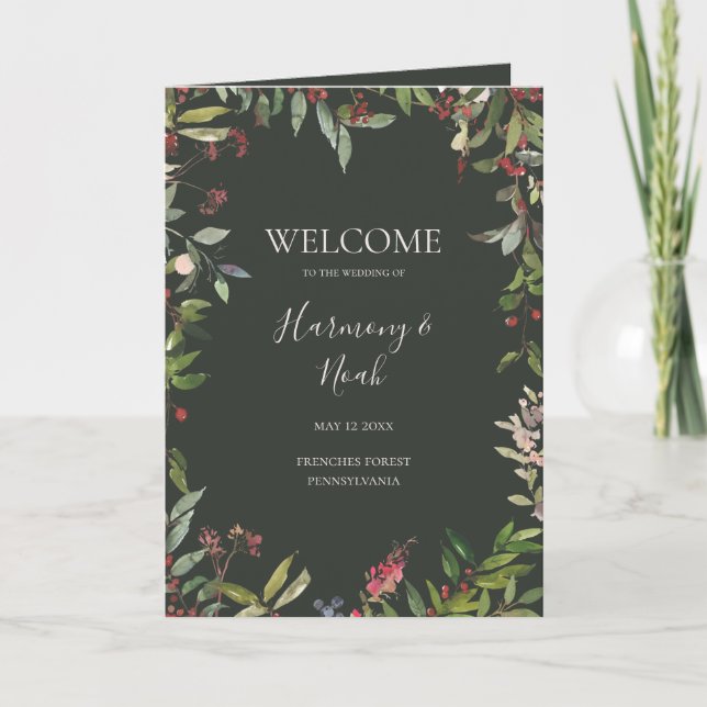 Holiday Chic Botanical | Dark Green Folded Wedding Programme (Front)