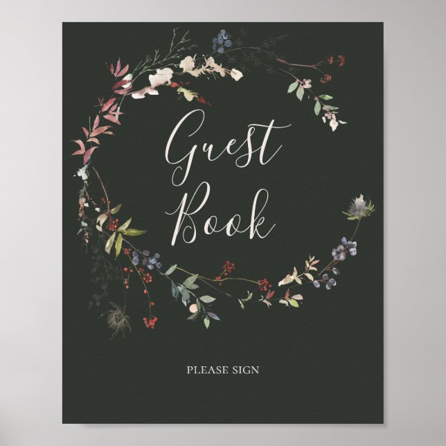 Holiday Chic Botanical Dark Green Guest Book Sign (Front)
