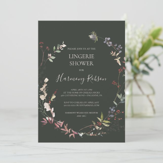 Holiday Chic Botanical Dark Green Lingerie Shower Invitation (Standing Front)