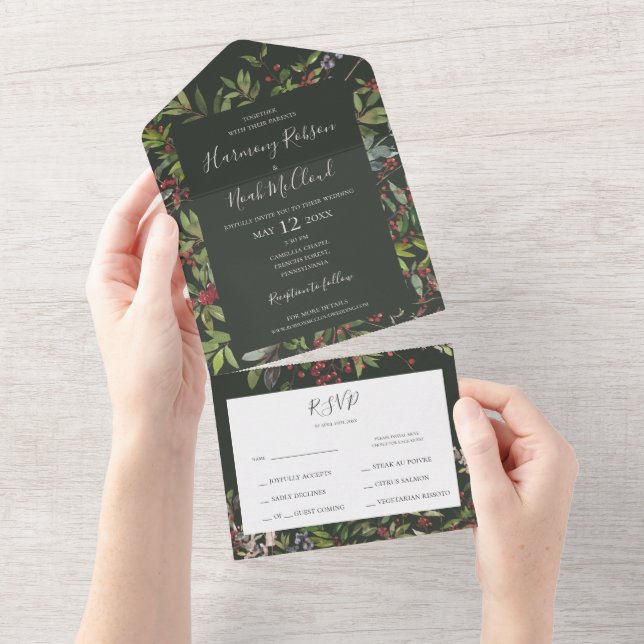 Holiday Chic Botanical | Dark Green Seal And Send All In One Invitation (Tearaway)