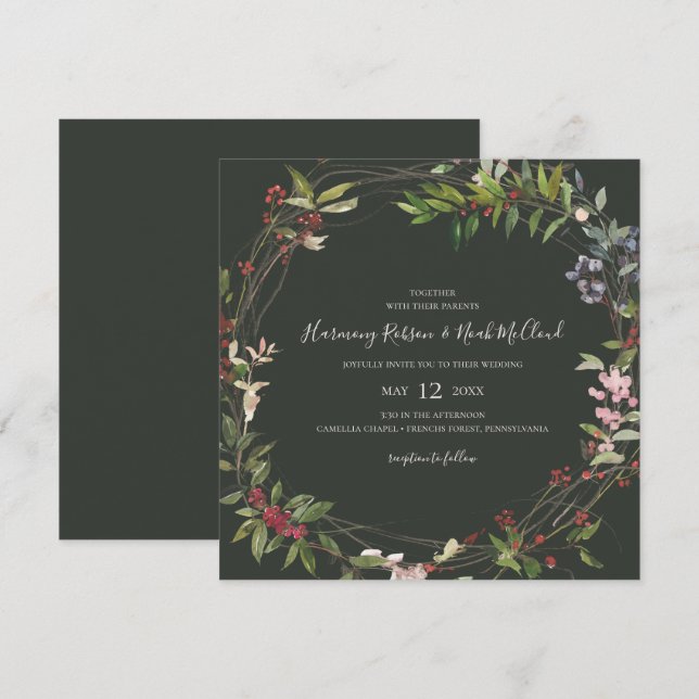 Holiday Chic Botanical | Dark Green Square Wedding Invitation (Front/Back)