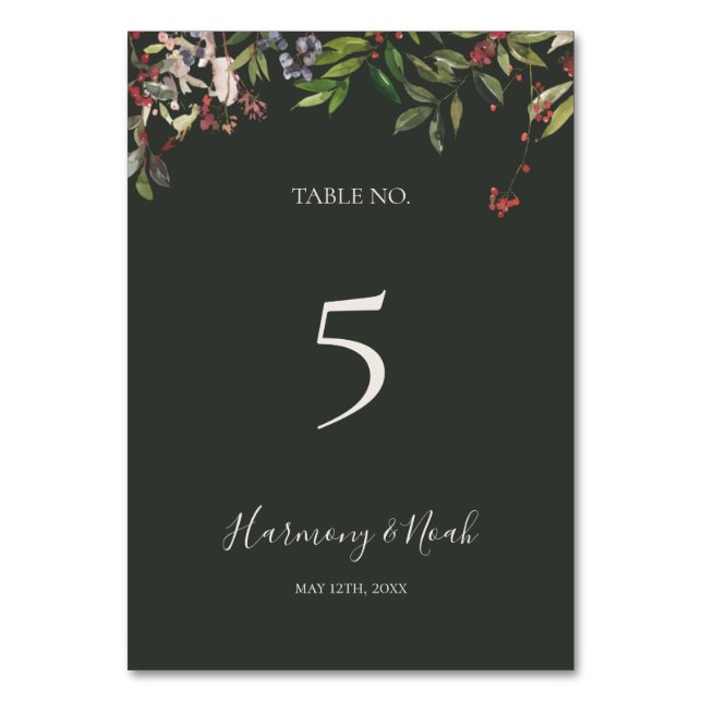 Holiday Chic Botanical | Dark Green Table Number (Front)