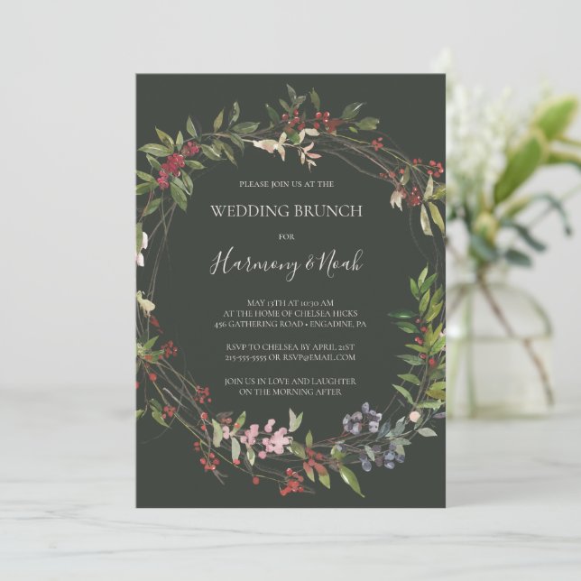 Holiday Chic Botanical | Dark Green Wedding Brunch Invitation (Standing Front)