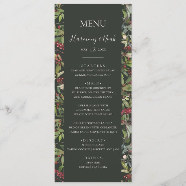 Holiday Chic Botanical | Dark Green Wedding Dinner Menu (Front)