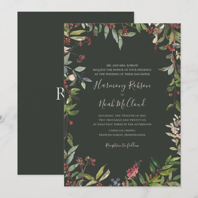 Holiday Chic Botanical | Dark Green Wedding Invita Invitation (Front/Back)