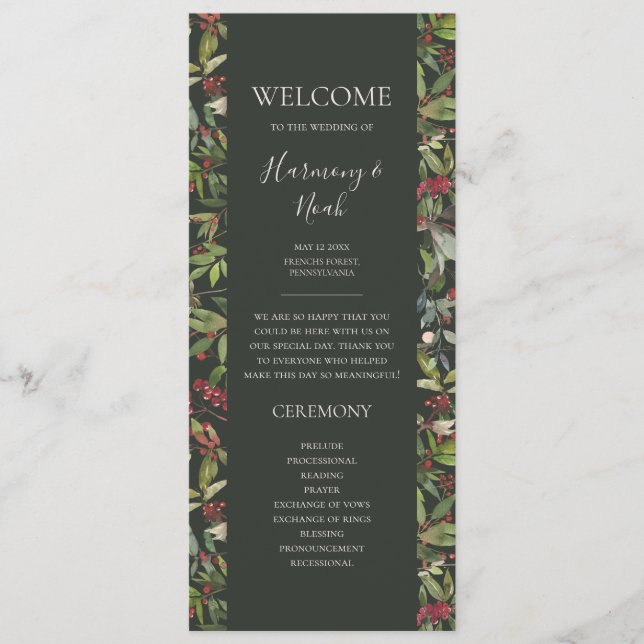 Holiday Chic Botanical Dark Green Wedding Program Programme (Front)