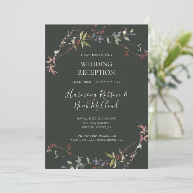 Holiday Chic Botanical Green Wedding Reception Invitation (Standing Front)