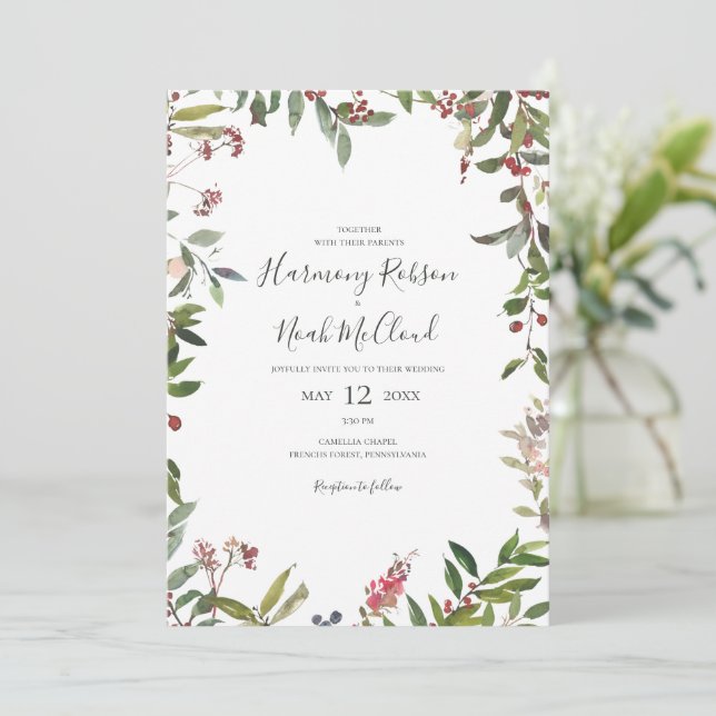 Holiday Chic Botanical | White All In One Wedding Invitation (Standing Front)