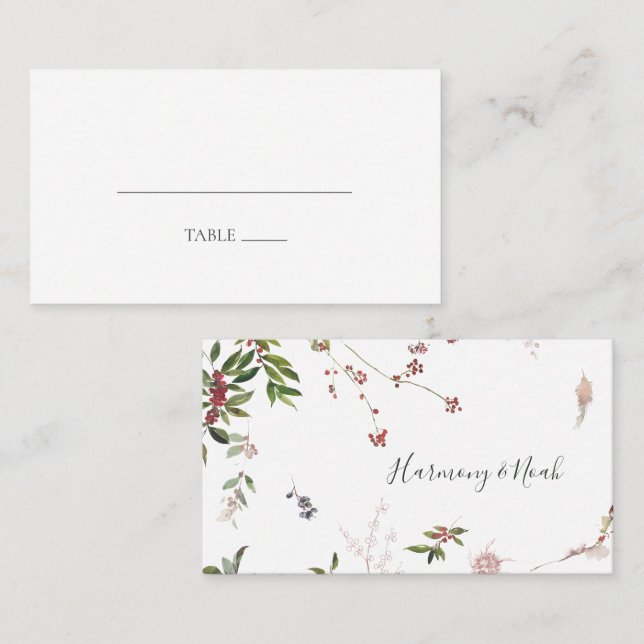 Holiday Chic Botanical | White Flat Wedding Place Card (Front/Back)