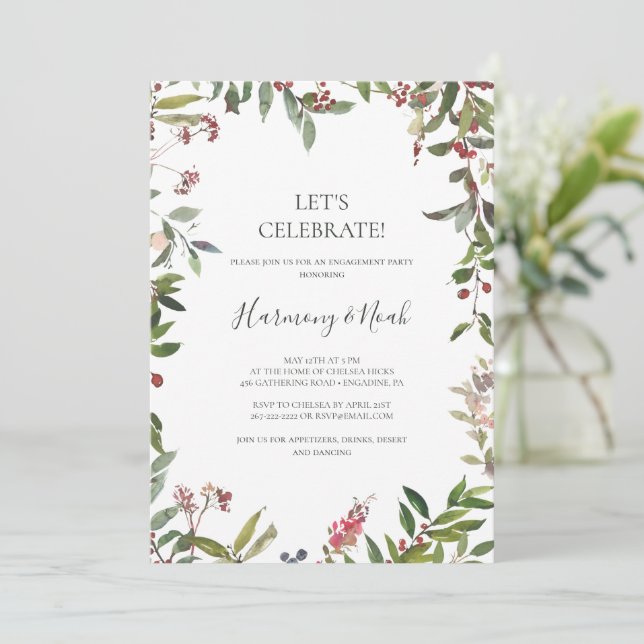 Holiday Chic Botanical | White Let's Celebrate Invitation (Standing Front)