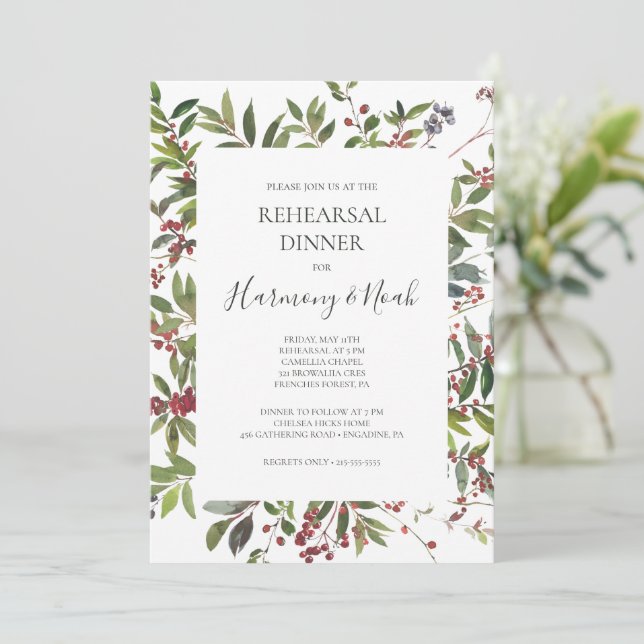Holiday Chic Botanical White Rehearsal Dinner Invitation (Standing Front)