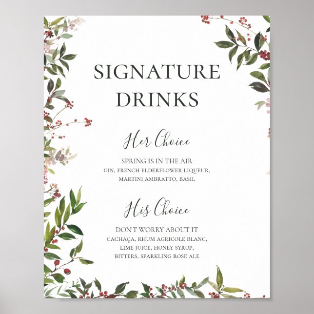 Holiday Chic Botanical White Signature Drinks Poster (Front)