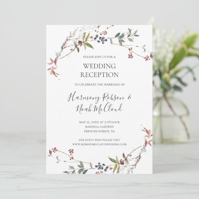 Holiday Chic Botanical White Wedding Reception Invitation (Standing Front)