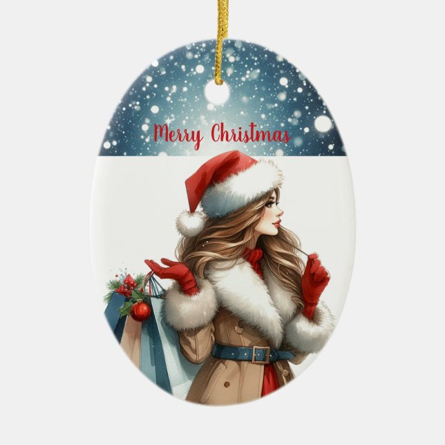 Holiday Chic Brunette Red Fashion Personalised Ceramic Tree Decoration (Front)