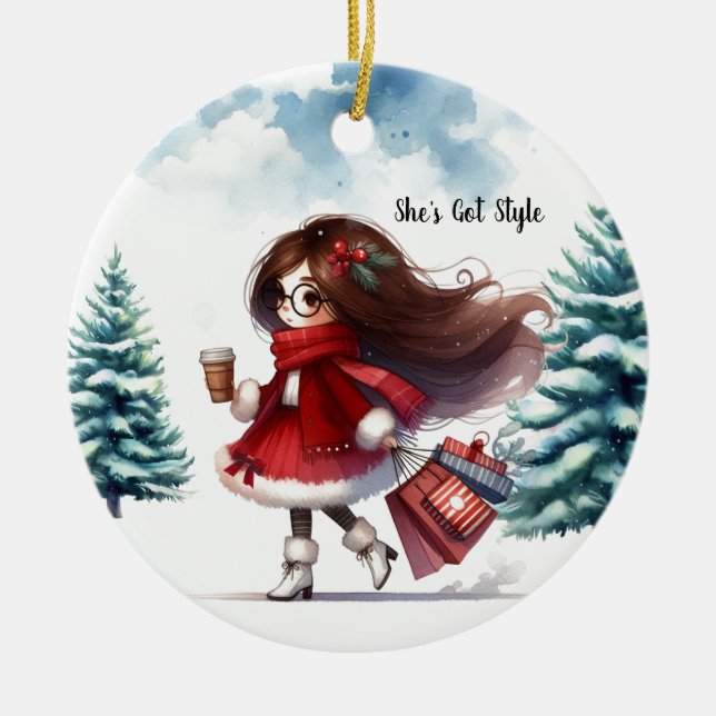 Holiday Chic Styled Brunette Fashion Personalised  Ceramic Tree Decoration (Front)