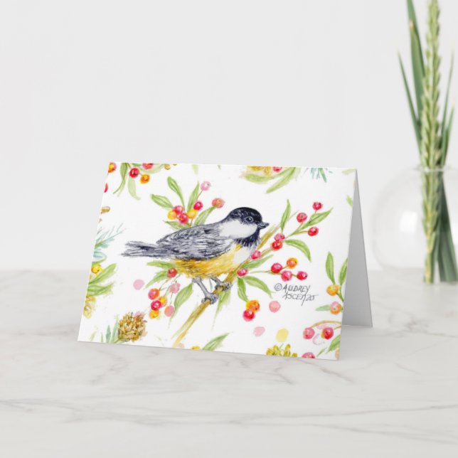 Holiday Chickadee Berry Branch Greeting Card (Front)