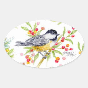 Holiday Chickadee Berry Branch Greeting Card Oval Sticker
