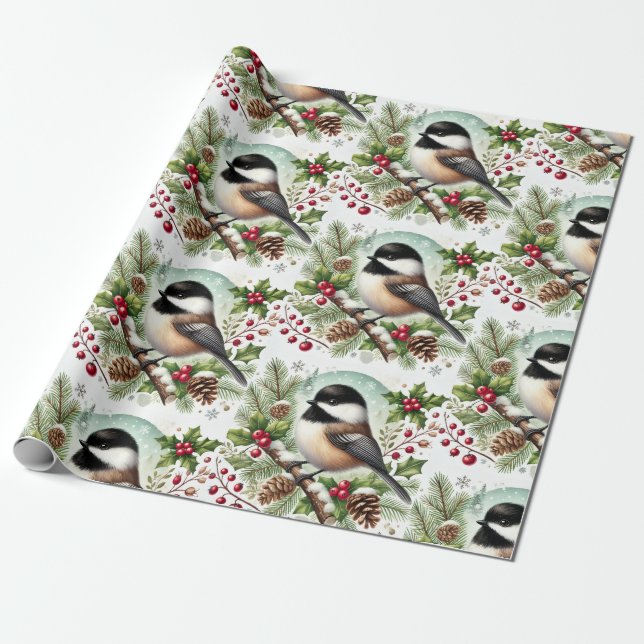 Holiday Chickadee Wrapping Paper (Unrolled)