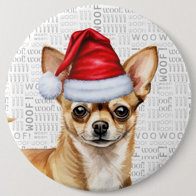 Holiday Chihuahua Santa Dog on Woof Background 6 Cm Round Badge (Front)