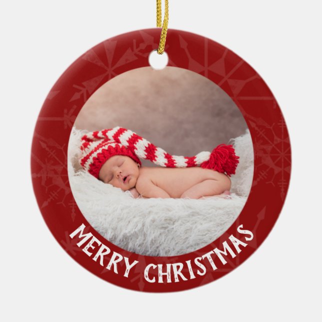 Holiday Christmas 2 Photo Year Red Snowflake Ceramic Tree Decoration (Front)