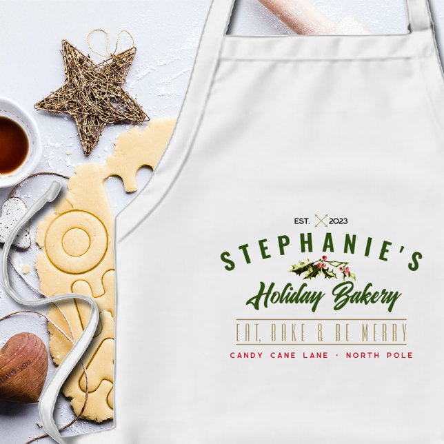 Holiday Christmas Baking Bakery Logo Long Apron (Close up detail of the personalized bakery logo on this holiday baking apron.)