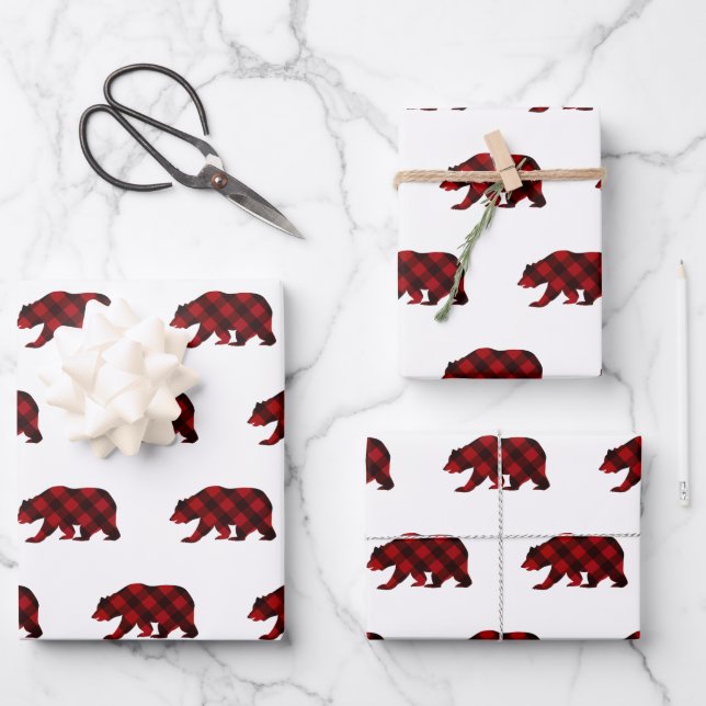 Holiday Christmas bear red plaid winter  Wrapping Paper Sheet (Front)