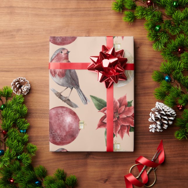 Holiday Christmas Birds Poinsettias Ornaments XMas Wrapping Paper (Holiday Gift)